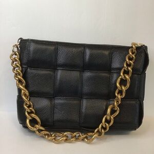 MONICA BINI Women's Black Italian Leather Woven Shoulder Bag Gold Chain Handle